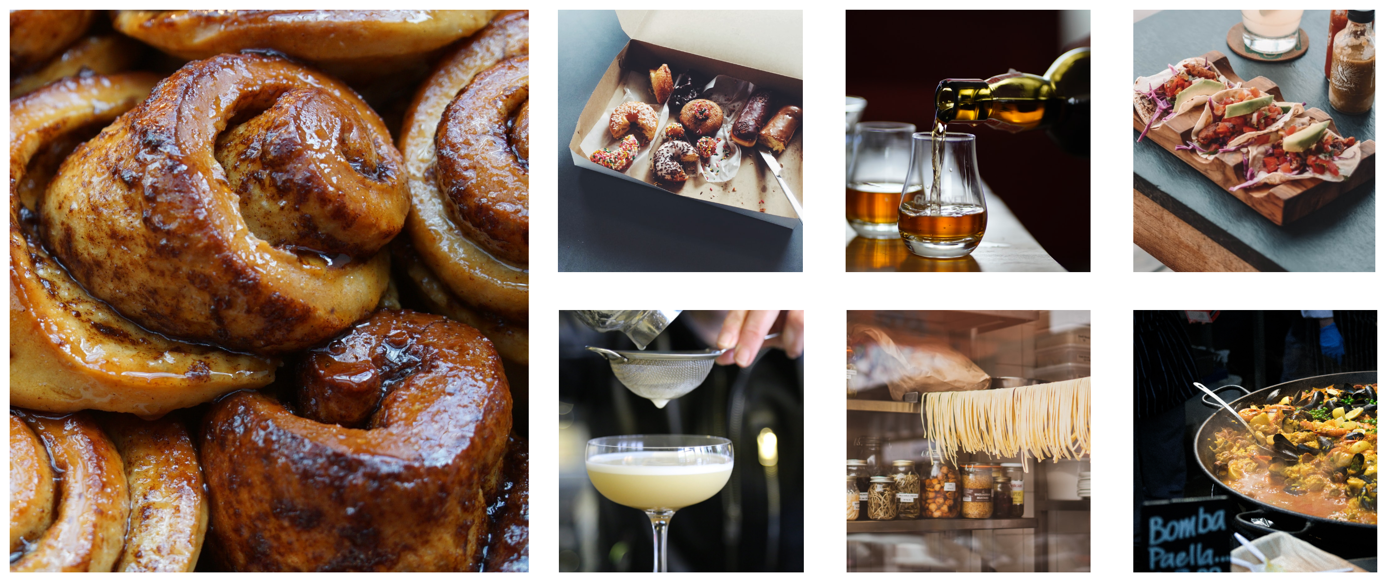 a collage of 7 food images, from top left to bottom right, donuts in a box, whiskey being poured into a glass, colourful Mexican tacos, fresh cinamon buns, a pornstar martini being strained, fresh pasta drying on a rack, and a fragrant muscle broth in a large pan