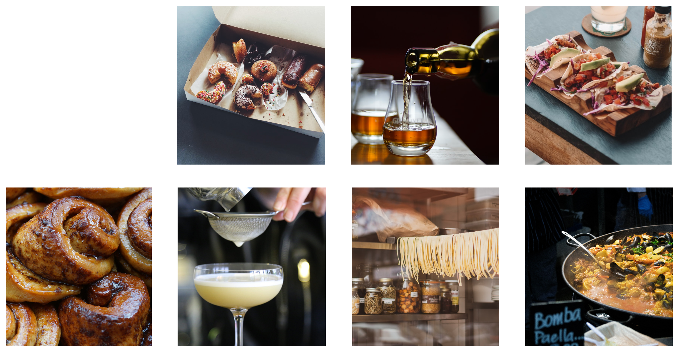 a collage of 7 food images, from top left to bottom right, donuts in a box, whiskey being poured into a glass, colourful Mexican tacos, fresh cinamon buns, a pornstar martini being strained, fresh pasta drying on a rack, and a fragrant muscle broth in a large pan