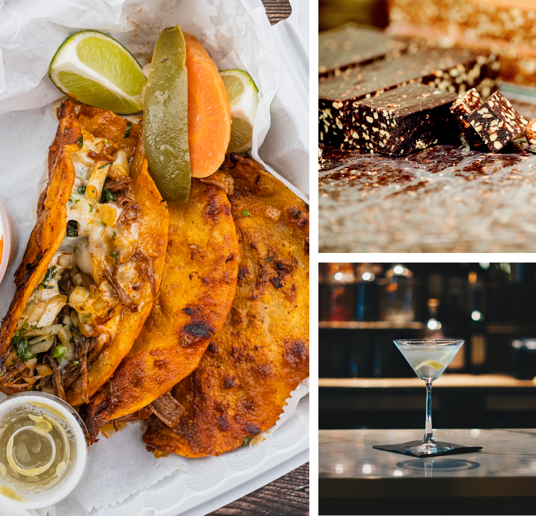 a display of 3 images, a large picture of tacos dressed with lime, a chocolate and bisuit desert, and a cloudy martini with lemon rind