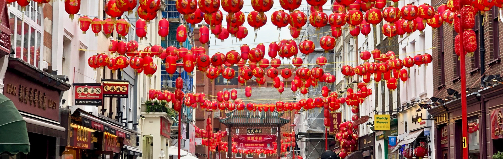 a street photo of London's China Town, with hundreds of red hanging lanterns